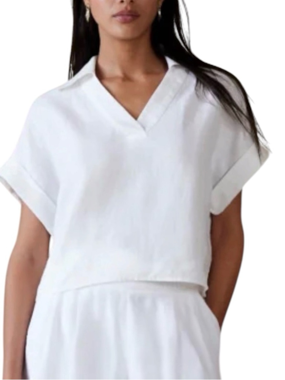 Banana Republic White Linen Polo Cropped Top Oversized M Tall Short Sleeve